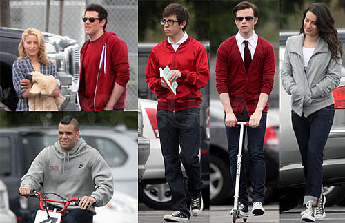 Photos of Lea Michele, Dianna Agron, Corey Monteith, Chris Colfer, Kevin McHale, And Mark Salling Filming Glee in LA