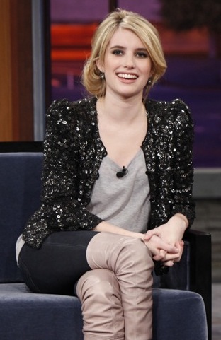 Emma Roberts Wears Black Sequin Cardigan to Jay Leno Show