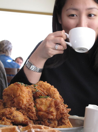 Eyeing the Chicken and Waffles