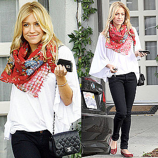 Photo of Kristin Cavallari Wearing White Bell-Sleeved Shirt and Red Flats in Beverly Hills