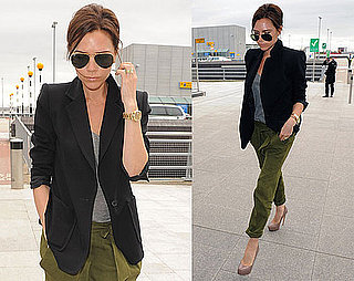 Victoria Beckham Wearing Silk Cargos, Black Blazer, and Ray Ban Aviator Sunglasses