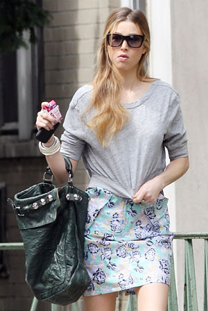 Whitney Port Wearing Blue Floral Miniskirt in NYC