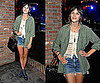 Alexa Chung Wearing Crochet Top, Army Green Blouse, Cutoff Denim Shorts