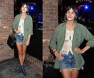 Alexa Chung Wearing Crochet Top, Army Green Blouse, Cutoff Denim Shorts