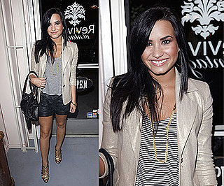 Demi Lovato Wears alice + olivia Metallic Blazer, Metallic Shorts, and Striped Tank