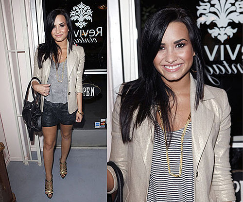 Demi Lovato Wears alice + olivia Metallic Blazer, Metallic Shorts, and Striped Tank