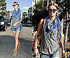 Nicky Hilton Wearing Denim Cutoffs, a Blue Floral Fringe Scarf, and Tan Suede Booties