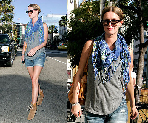 Nicky Hilton Wearing Denim Cutoffs, a Blue Floral Fringe Scarf, and Tan Suede Booties