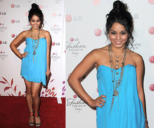 Vanessa Hudgens Wearing Bright Blue Tibi Dress and Jimmy Choo Sandals 2010-05-25 12:00:22