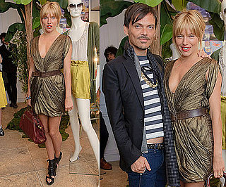 Sienna Miller Wears Gold Metallic Dress and Maroon Prada Bag at Matthew Williamson Party in London