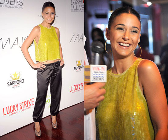 Emmanuelle Chriqui Wearing Yellow Sequined Rachel Roy Top, Silk Maggie Ward Pants, and Louis Vuitton Shoes Emmanuelle Chriqui Wearing Yellow Sequined Rachel Roy Top, Silk Maggie Ward Pants, and Louis Vuitton Shoes