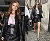 Ashley Greene Wearing Lilac Ruffle Blouse and Leather Skirt