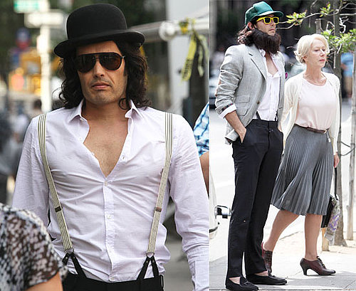 Pictures of Russell Brand Wearing Beard Disguise on Set of Arthur With Helen Mirren