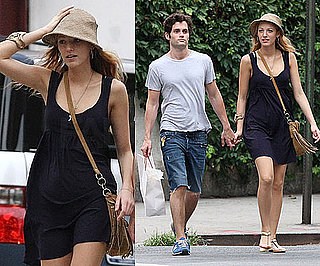 Blake Lively in NYC Wearing a Navy Dress and Fringe Tan Bag