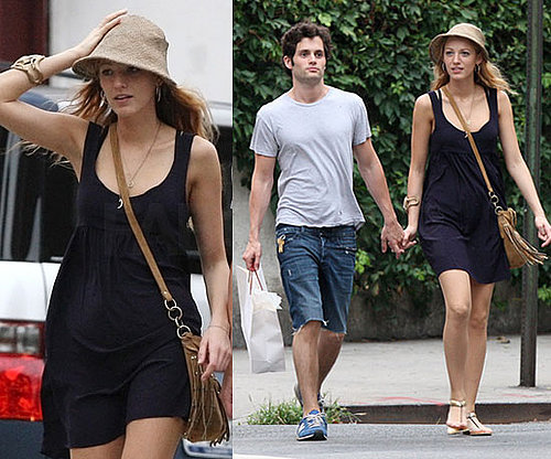 Blake Lively in NYC Wearing a Navy Dress and Fringe Tan Bag