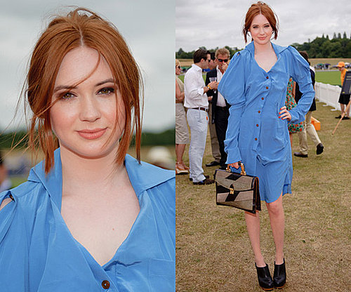 Photos of Karen Gillan at the Veuve Clicquot Gold Cup Final in Blue Dress and Ankle Boots