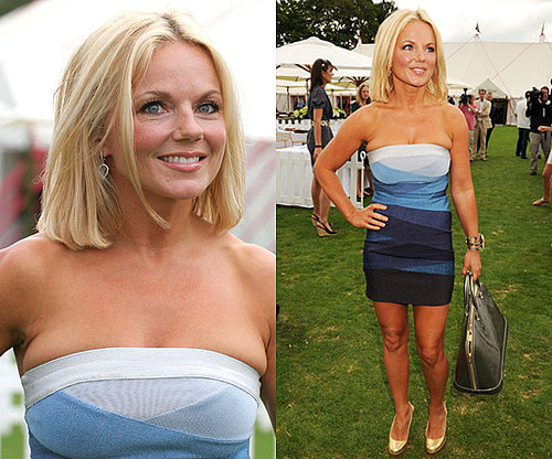 Photos of Geri Halliwell in Blue Bandage Dress by Herve Leger at Polo
