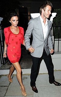 Pictures of Victoria Beckham Wearing Fiery Red Dress and Christian Louboutin Cork Pumps in London