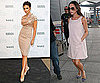 Victoria Beckham in Voluminous Sheath Dress at Heathrow Airport