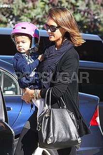 Pictures of Jessica Alba and Honor Riding Bikes and Trying on Helmets