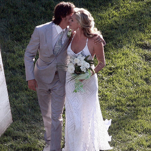 Rebecca Romijn and Jerry O'Connell tied the knot at their Calabasas home in July 2007. The bride walked down the aisle in a beaded lace Ralph Lauren gown, paired with Sergio Rossi heels and chandelier diamond earrings by Neil Lane.
Rebecca Romijn and Jerry O'Connell tied the knot at their Calabasas home in July 2007. The bride walked down the aisle in a beaded lace Ralph Lauren gown, paired with Sergio Rossi heels and chandelier diamond earrings by Neil Lane.