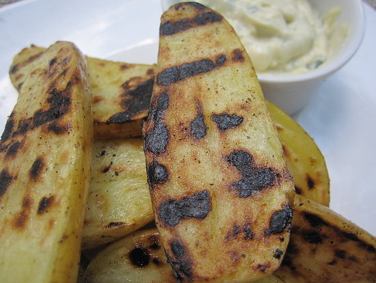 Grilled Fingerling Potatoes with Roasted Garlic and Herb Mayo