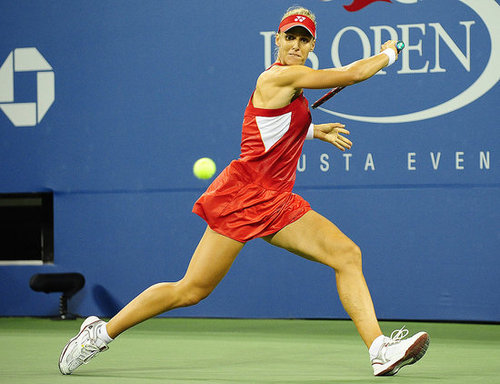 Elena Dementieva wore a loose red and white tennis dress with a matching visor to the 2010 US Open.
Elena Dementieva wore a loose red and white tennis dress with a matching visor to the 2010 US Open.