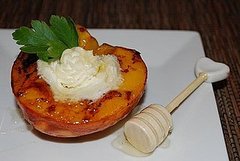 Grilled Rum Peaches with Mascarpone Cheese & Orange Blossom Honey 