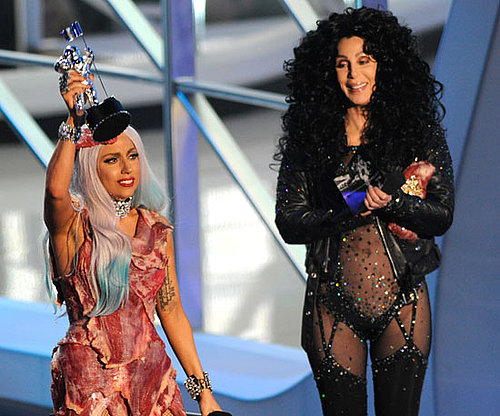 In 2010, Lady Gaga, in her infamous meat dress, accepted one of her many awards of the night from Cher.
In 2010, Lady Gaga, in her infamous meat dress, accepted one of her many awards of the night from Cher.