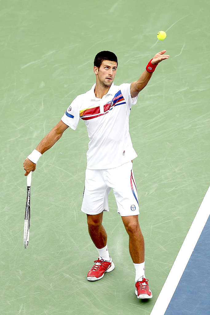 Novak Djokovic paired red tennis shoes with a cool striped shorts and polo shirt combo at the Western & Southern Open in Ohio in August 2011.
Novak Djokovic paired red tennis shoes with a cool striped shorts and polo shirt combo at the Western & Southern Open in Ohio in August 2011.