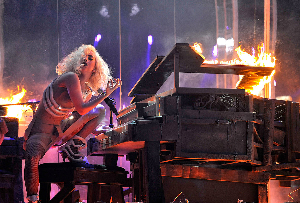 Lady Gaga performed with a fiery piano during the 2009 show.
Lady Gaga performed with a fiery piano during the 2009 show.