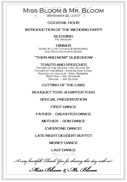 wedding reception schedule