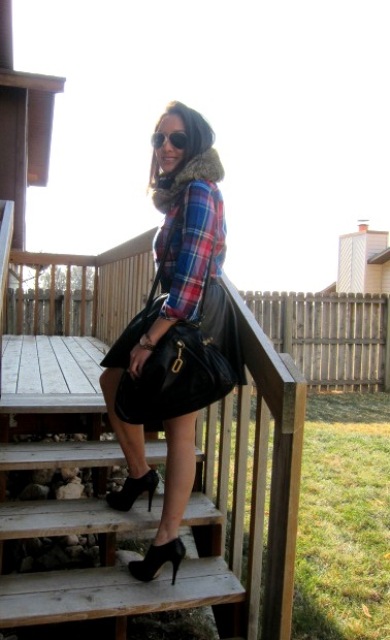 Flannel Blouse (via Old Navy), Leather Skirt (Armani Exchange), Leather Booties (Vince Camuto via Nordstrom), Fur Infinity Scarf (Urban Outfitters), Chloe Paraty Bag