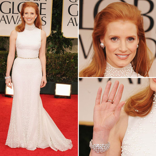 The Help Actress Jessica Chastain Wears a Pearl-Adorned Givenchy Gown and Harry Winston Jewellery at the 2012 Golden Globes