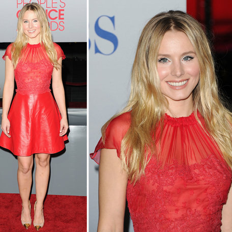 Pictures of Kristen Bell in Valentino Red Leather Skirt and Lace Top on the Red Carpet at the 2012 People's Choice Awards