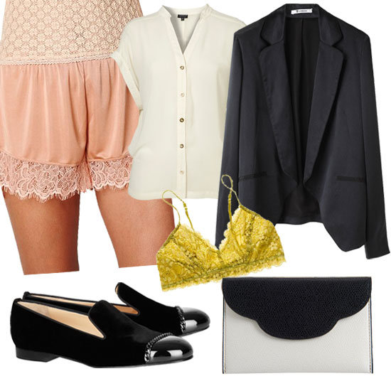 Enjoying warmer Winter weather, pair sweet lacy shorts with more structured, menswear-inspired pieces for a cool contrast. We've enlisted the help of some awesome retro smoking slippers with a metal-and-chain twist, a two-tone envelope clutch, and Alexander Wang blazer to accomplish the mix-and-match combo.
Free People Micro Tap Pant ($48)
Topshop Chiffon Side Tuck Blouse ($70)
Honeydew Intimates Flower Lace Bralette ($32)
T By Alexander Wang Jacquard Blazer ($365)
Christian Louboutin Roller Girl Leather and Velvet Loafers ($995)
Valextra for Holmes & Yang Two-Tone Envelope Clutch ($370)
Enjoying warmer Winter weather, pair sweet lacy shorts with more structured, menswear-inspired pieces for a cool contrast. We've enlisted the help of some awesome retro smoking slippers with a metal-and-chain twist, a two-tone envelope clutch, and Alexander Wang blazer to accomplish the mix-and-match combo.
Free People Micro Tap Pant ($48)
Topshop Chiffon Side Tuck Blouse ($70)
Honeydew Intimates Flower Lace Bralette ($32)
T By Alexander Wang Jacquard Blazer ($365)
Christian Louboutin Roller Girl Leather and Velvet Loafers ($995)
Valextra for Holmes & Yang Two-Tone Envelope Clutch ($370)