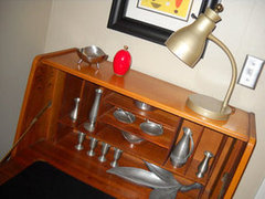 Vintage pewter collection in English dropfront desk
