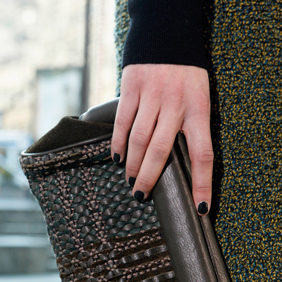 "The Rachel Roy look was nature-inspired, by pine and soil," explains Essie manicurist Elle. So to capture that feel, the brand's Licorice (a jet black crème) was applied to models' nails, along with Going Incognito (a deep emerald green) on top. The result was an ultra-cool blackened dark green.
"The Rachel Roy look was nature-inspired, by pine and soil," explains Essie manicurist Elle. So to capture that feel, the brand's Licorice (a jet black crème) was applied to models' nails, along with Going Incognito (a deep emerald green) on top. The result was an ultra-cool blackened dark green.