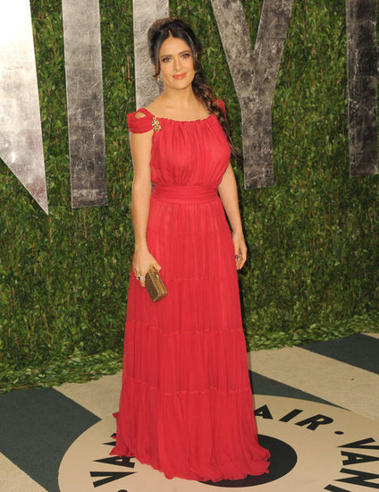 Salma Hayek looked stunning with her long Rapunzel-inspired braid and red Yves Saint Laurent silk chiffon gown.
Salma Hayek looked stunning with her long Rapunzel-inspired braid and red Yves Saint Laurent silk chiffon gown.