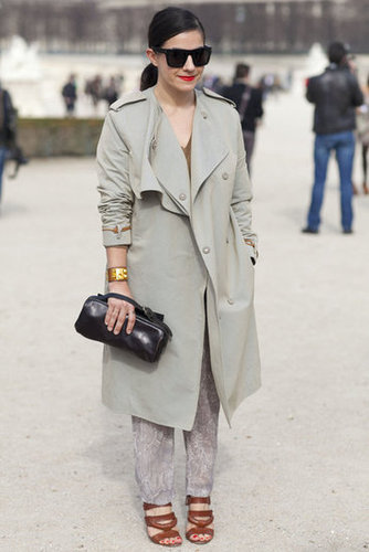 A sophisticated trench gets a cool counterpart in printed pants and strappy sandals.
A sophisticated trench gets a cool counterpart in printed pants and strappy sandals.
