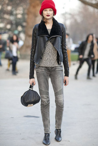 Moto-style jeans and a worn leather jacket add edge, but a red knit hat is all sweetness.
Moto-style jeans and a worn leather jacket add edge, but a red knit hat is all sweetness.