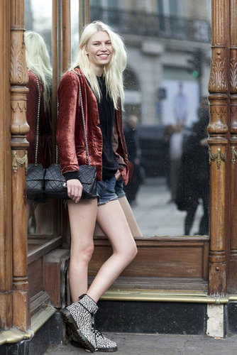 All smiles in velvet blazer and leopard-print combat boots.
All smiles in velvet blazer and leopard-print combat boots.