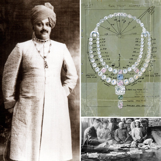 The real story: Jacques Cartier took his first trip to India in 1911 and designed a ceremonial necklace for the Maharajah of Nawanagar with a 136.26-carat "Queen of Holland" diamond, named for the queen of the Netherlands. He mixed in colored diamonds including a 12-carat olive-green diamond and a blue diamond. At left, you can see the maharajah wearing the necklace, as well as Cartier's drawing, and a shot of Jacques Cartier sitting with Indian gem dealers. This alone could make for a great movie — we just need to add in a love triangle of some sort, and maybe some gem robbers.
The real story: Jacques Cartier took his first trip to India in 1911 and designed a ceremonial necklace for the Maharajah of Nawanagar with a 136.26-carat "Queen of Holland" diamond, named for the queen of the Netherlands. He mixed in colored diamonds including a 12-carat olive-green diamond and a blue diamond. At left, you can see the maharajah wearing the necklace, as well as Cartier's drawing, and a shot of Jacques Cartier sitting with Indian gem dealers. This alone could make for a great movie — we just need to add in a love triangle of some sort, and maybe some gem robbers.