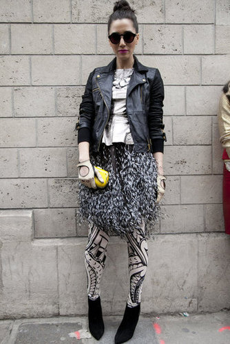 Bold print play with a rocker-style leather for a cool complement.
Bold print play with a rocker-style leather for a cool complement.