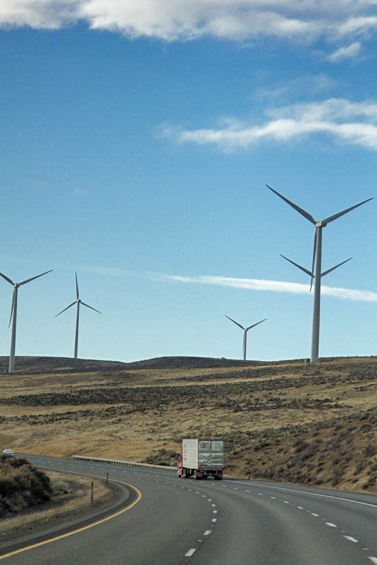 Wind Turbines near Vantage, WA -- they are HUGE compared to the semi truck down there