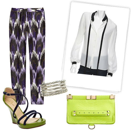 Pair ikat trousers with a colorblocked complement — blouse or sandal — and top off the print with a pop of neon.
Michael Michael Kors Ikat-Print Silk-Blend Pants ($175)
Kate Spade Vanessa Sandals ($325)
Jeunesse Colorblock Tie Blouse ($230)
Proenza Schouler Evening Clutch Python ($1,695)
House of Harlow Stacking Bangles, Set of Five ($95)
Pair ikat trousers with a colorblocked complement — blouse or sandal — and top off the print with a pop of neon.
Michael Michael Kors Ikat-Print Silk-Blend Pants ($175)
Kate Spade Vanessa Sandals ($325)
Jeunesse Colorblock Tie Blouse ($230)
Proenza Schouler Evening Clutch Python ($1,695)
House of Harlow Stacking Bangles, Set of Five ($95)