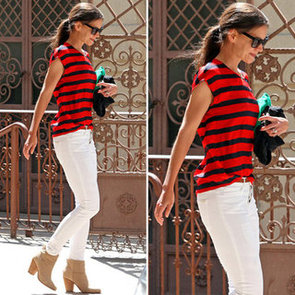 Katie Holmes Red and Navy Stripe Top