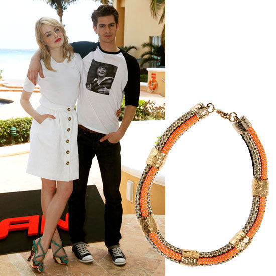 We love Emma Stone's cool take on white Dolce & Gabbana separates, but to spice things up, add a colorful tribal-inspired collar necklace under the Peter Pan collar for a sweet mix of shapes and dimension.
We love Emma Stone's cool take on white Dolce & Gabbana separates, but to spice things up, add a colorful tribal-inspired collar necklace under the Peter Pan collar for a sweet mix of shapes and dimension.