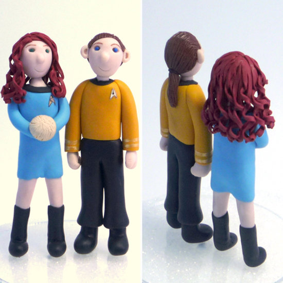 The designer used polymer clay to create the Star Trek bride and groom cake toppers ($135). We especially love the uniform details and the bride's voluminous, curly hair.
The designer used polymer clay to create the Star Trek bride and groom cake toppers ($135). We especially love the uniform details and the bride's voluminous, curly hair.