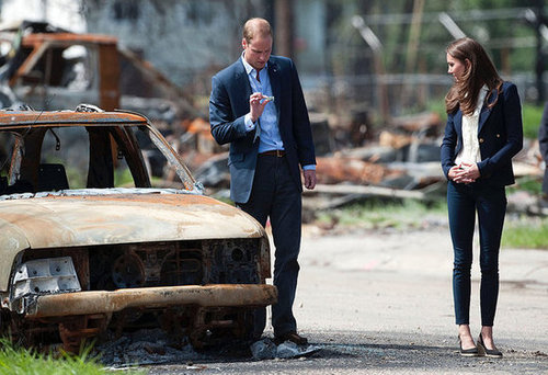 William and Kate inspected a fire-damaged area in Slave Lake in Alberta, Canada, in July 2011.
William and Kate inspected a fire-damaged area in Slave Lake in Alberta, Canada, in July 2011.